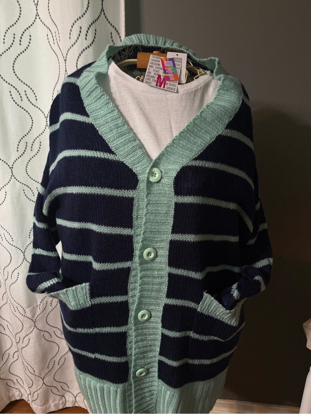 StripedLulaRoe M Cardigan Sweater Navy Mint Stripe Button Front Pockets NWT Over